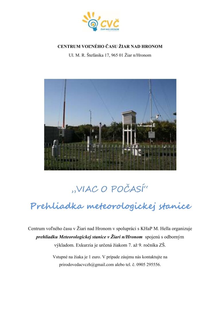 Plagát – „Viac o počasí „- prehliadka Klimatologickej stanice SHMÚ v Žiari nad Hronom